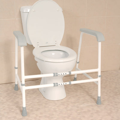 the image shows the nuvo width and height adjustable free standing toilet frame