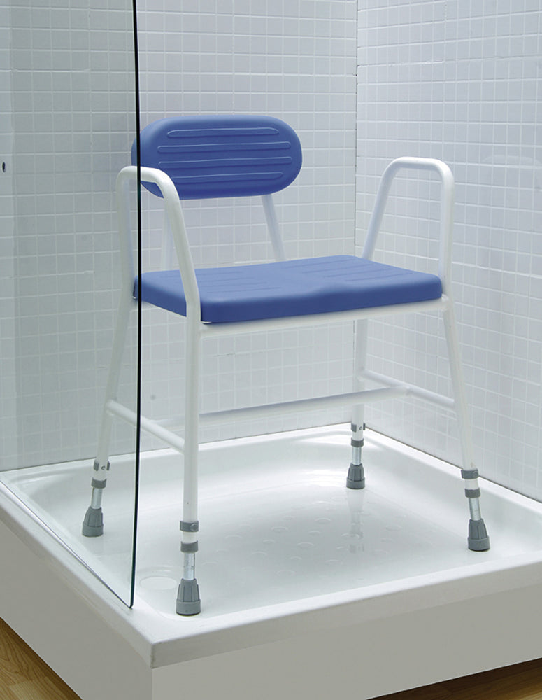 image shows the Polyurethane moulded shower stool in a shower cubicle