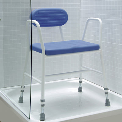 image shows the Polyurethane moulded shower stool in a shower cubicle