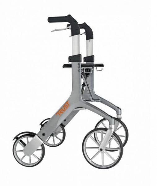 A sideways view of the silver Let's Fly Rollator.