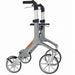 A sideways view of the silver Let's Fly Rollator.