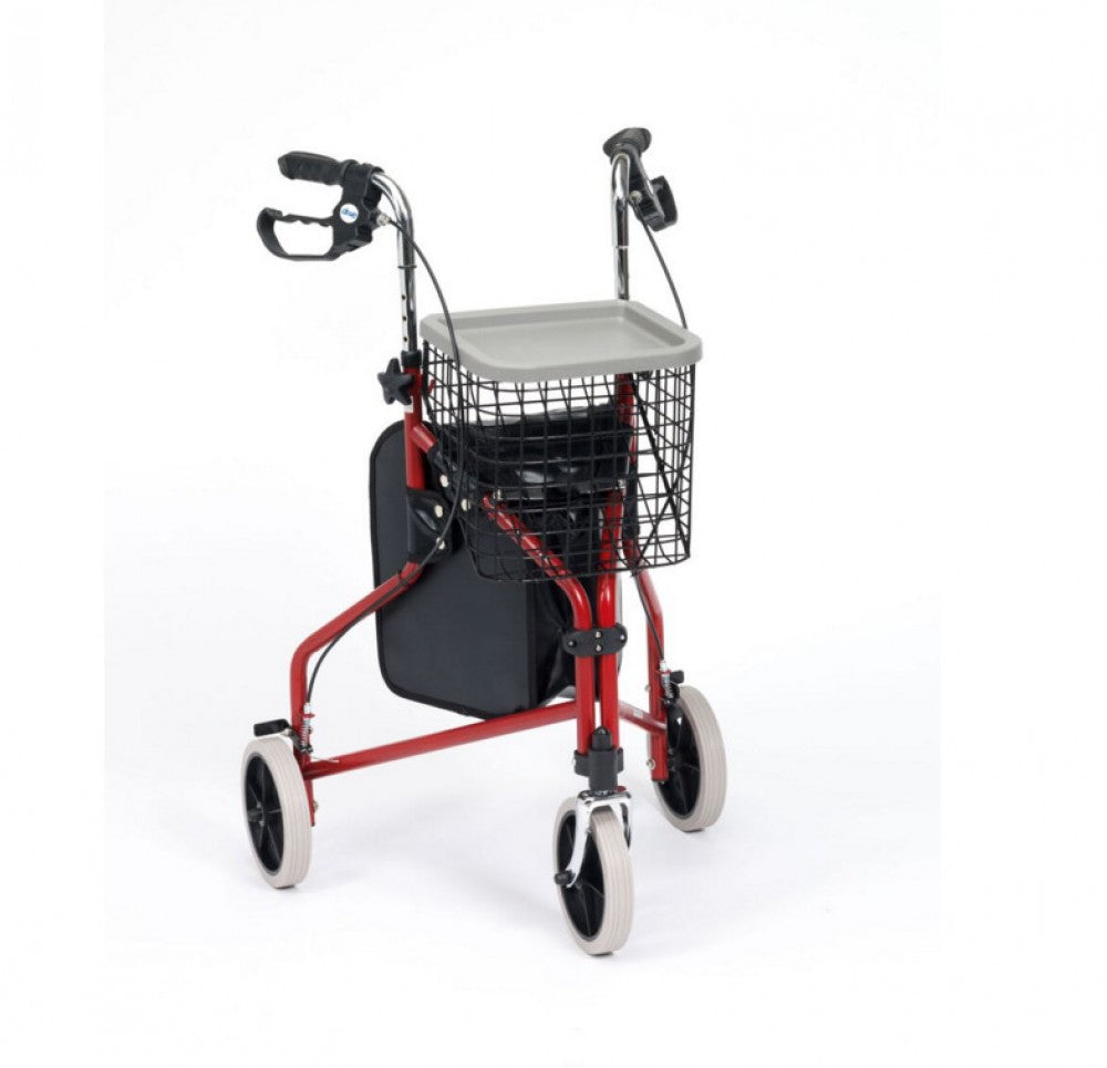 The image shows the Lightweight 3 Wheel Rollator with shopping bag, basket and tray
