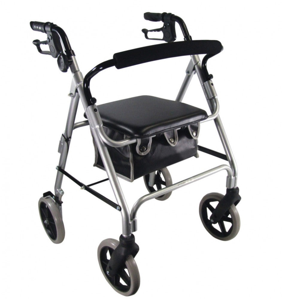 the image shows the lightweight aluminium 4 wheel rollator