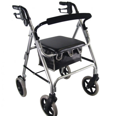 the image shows the lightweight aluminium 4 wheel rollator