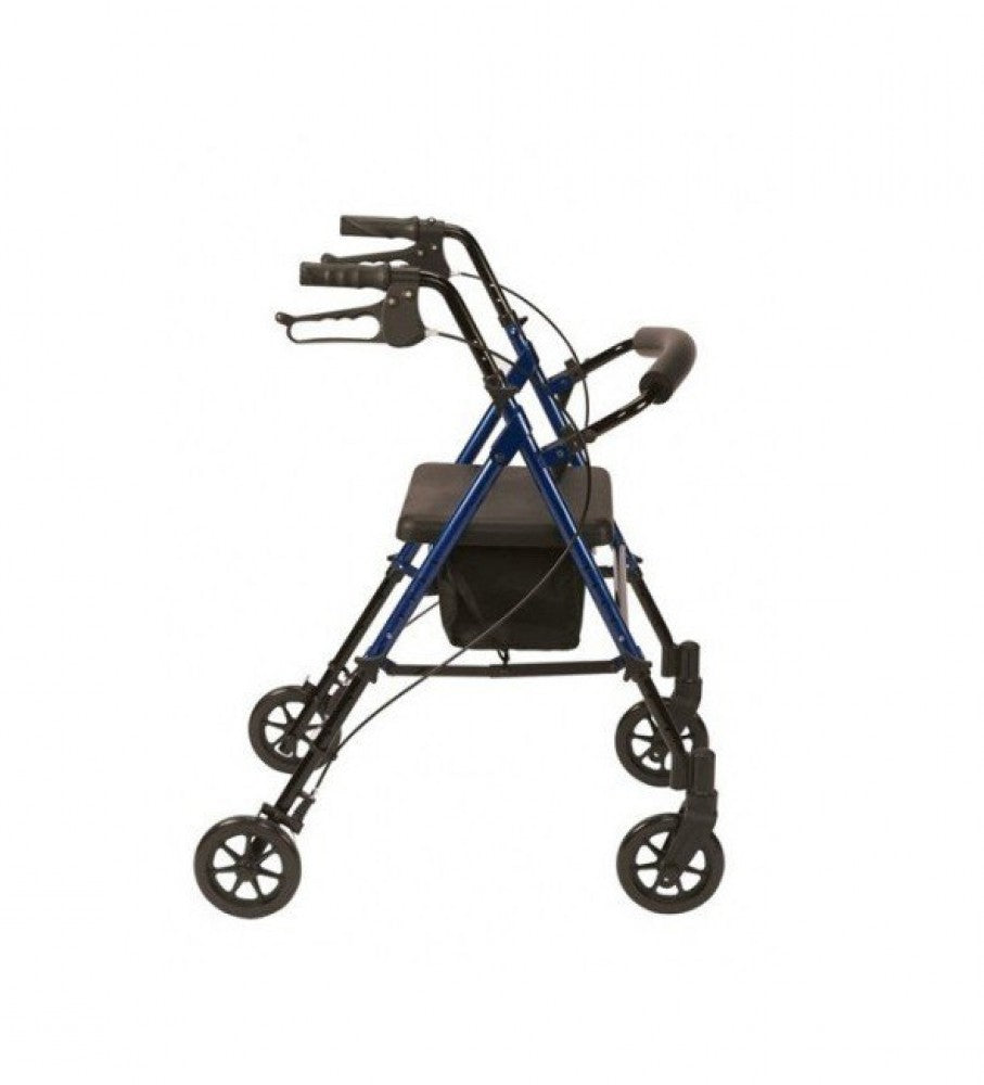 A side view of the Blue R6 Lightweight Aluminium 4 Wheel Rollator with a Bag.