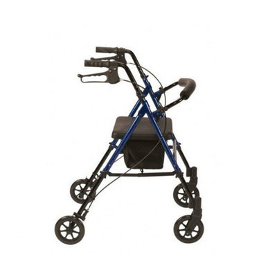 A side view of the Blue R6 Lightweight Aluminium 4 Wheel Rollator with a Bag.