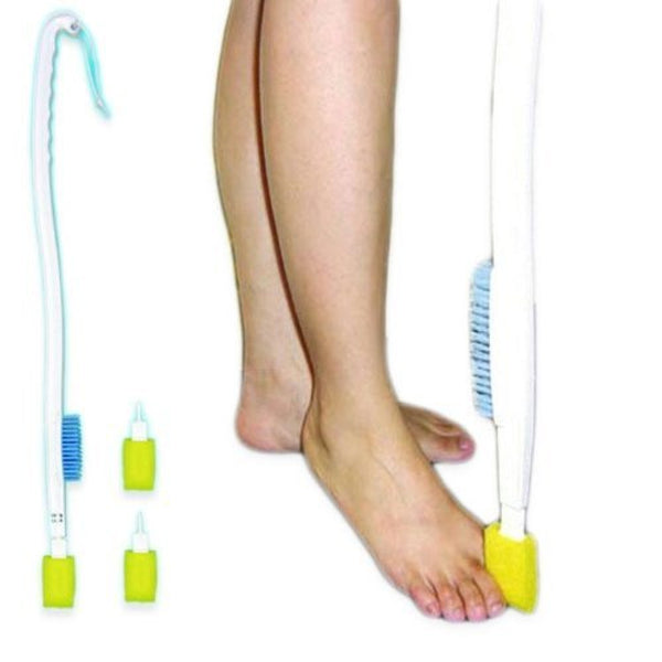 The image shows the Long Handled Foot and Toe Washing Sponge with two spare toe sponges, and it shows it being used between a person's toes.
