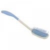 The image shows the blue and white long handled hair brush