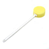 shows the round shaped bath sponge with long handle