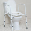 the image shows the height adjustable toilet frame with seat on a toilet