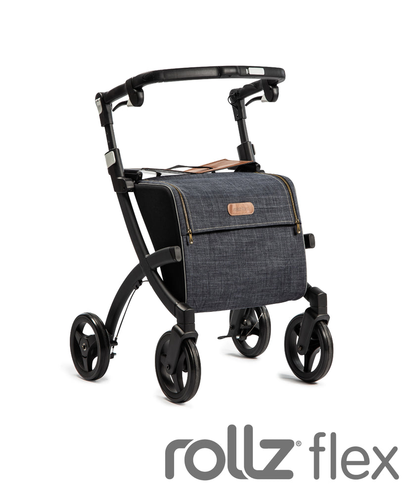 shows a front view of the black framed rollz flex shopping rollator