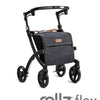 shows a front view of the black framed rollz flex shopping rollator