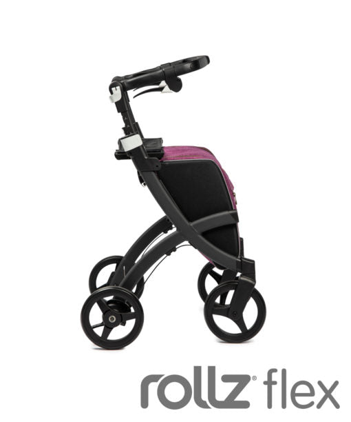shows a side view of a black framed, purple rollz flex shopping rollator