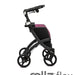 shows a side view of a black framed, purple rollz flex shopping rollator