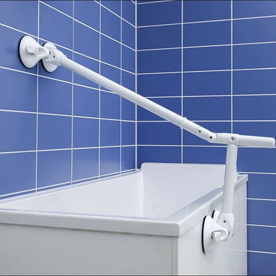 shows Mobeli Quatro Power Tub grab rail fixed above a bathtub