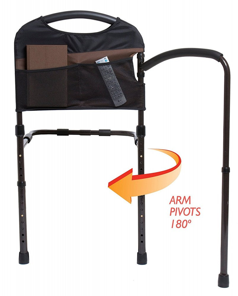 the image shows the mobility bed rail with the pivoting arm that pivots 180 degrees