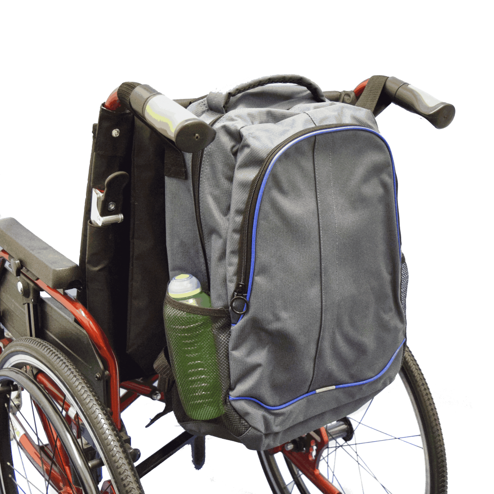 shows the Mobility Rucksack with Pockets attached to the back of a wheelchair.