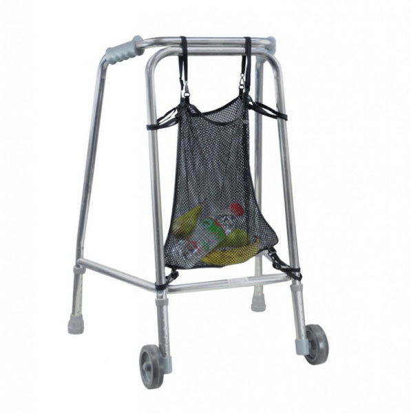 The image shows the net bag for walking frame attached to the front of a zimmer walking frame with shopping items inside