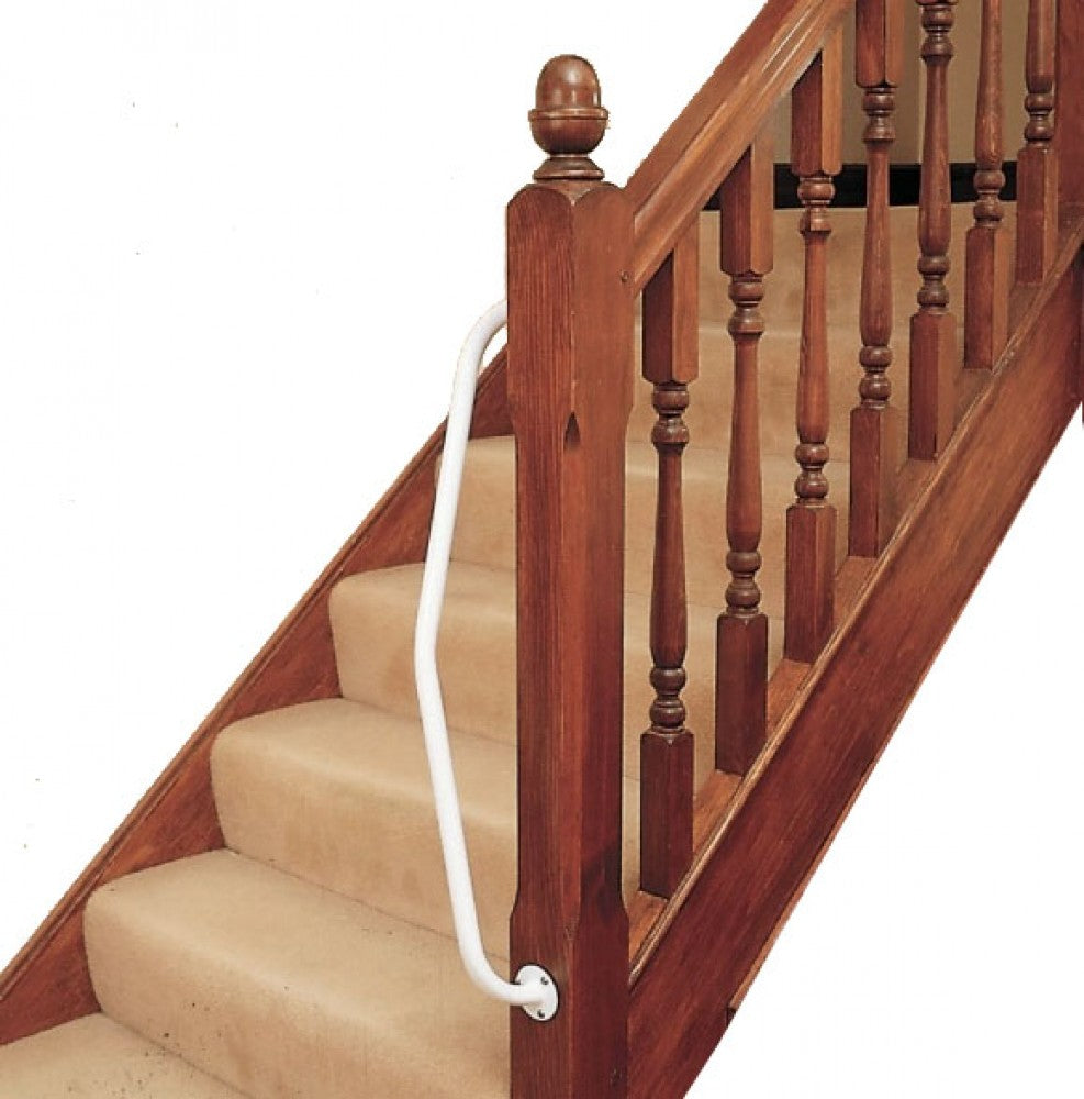 shows Newel Post Grab Rail attached to a wooden newel post at the bottom of a home staircase