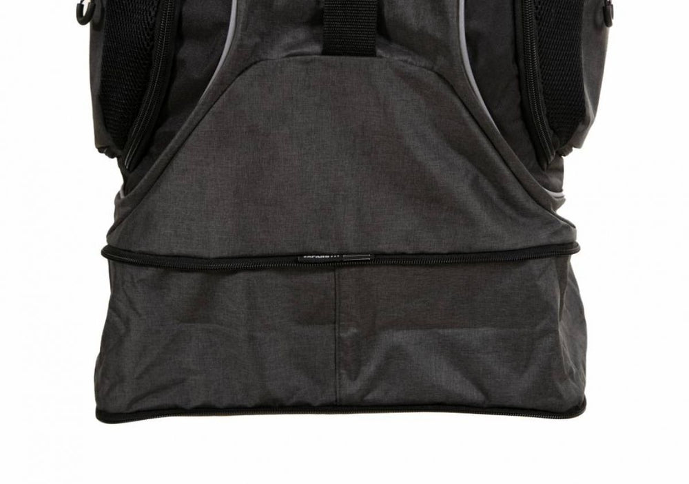 Image of the bottom zip pocket on the torba go in the black and grey. The pocket is closed.
