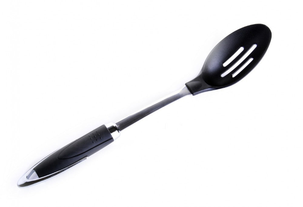 shows a side-on view of the nylon and stainless steel slotted spoon