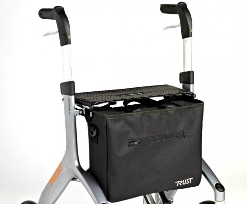 shows the fabric bag attached to the lets fly rollator
