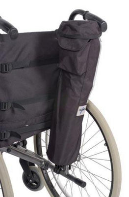 The image shows the wheelchair oxygen bag fastened to the back of a wheelchair