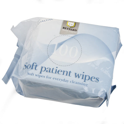The image shows a pack of 100 Soft Patient Wipes