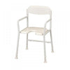 image shows white shower stool with arms and back rest