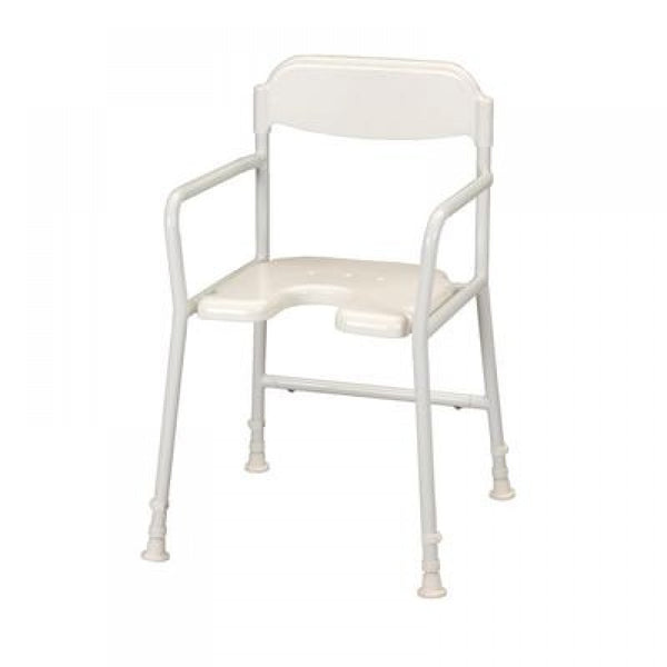 image shows white shower stool with arms and back rest