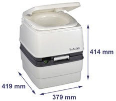 shows a diagram of the porta potti 365 portable flushing toilet with dimensions
