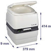 shows a diagram of the porta potti 365 portable flushing toilet with dimensions