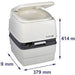 shows a diagram of the porta potti 365 portable flushing toilet with dimensions