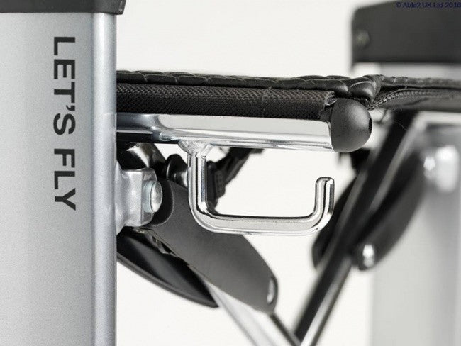 shows a close up of the brake on a lets fly rollator in graphite grey
