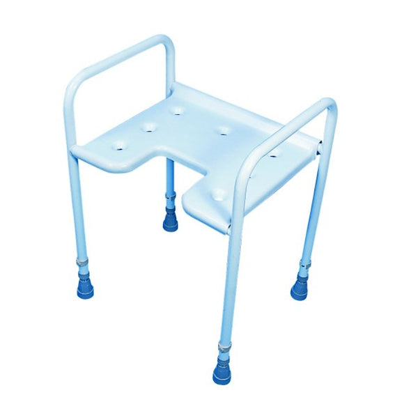 image shows the adjustable height gap front shower stool