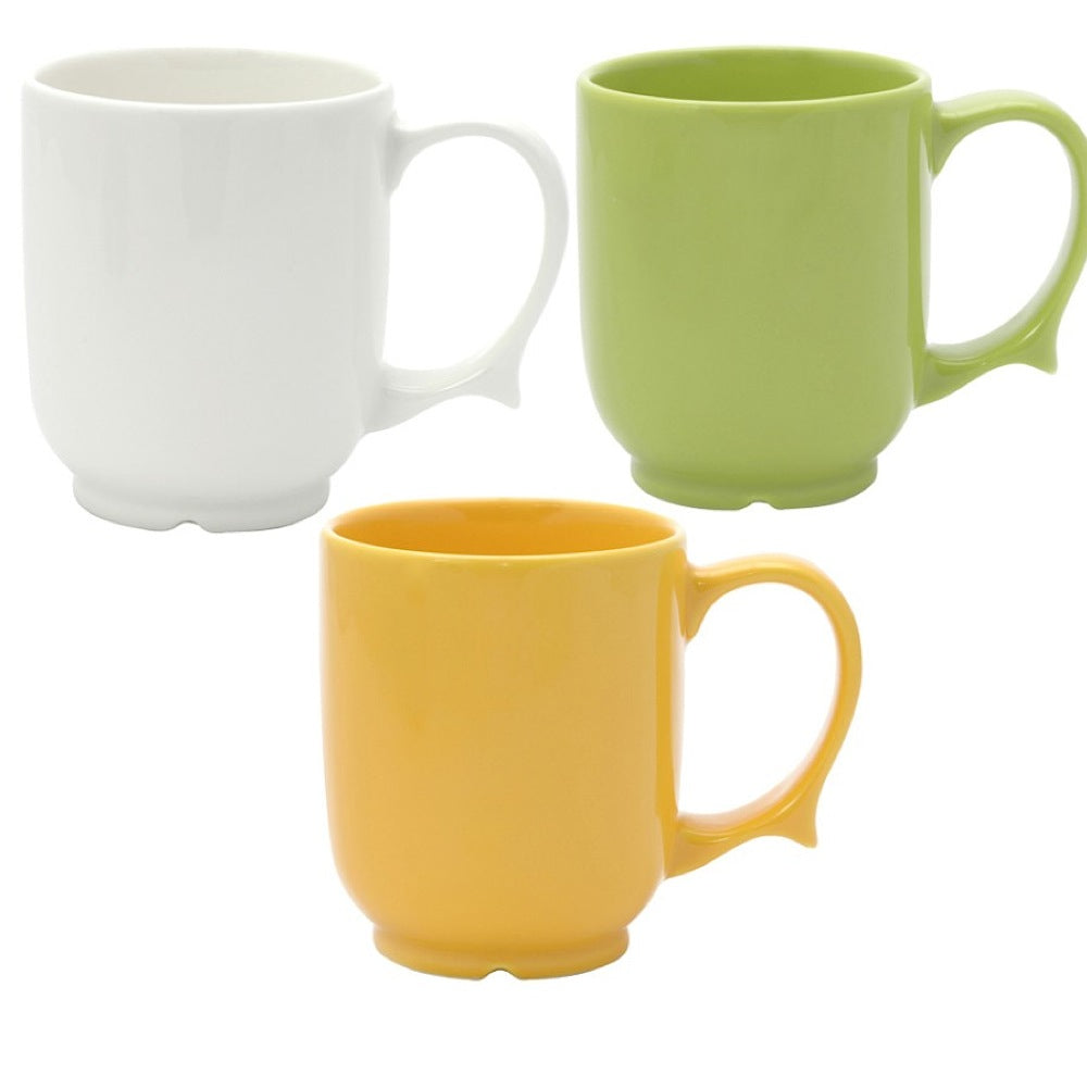 The three colours of Wade Dignity One Handled Mug; White, Green, and Yellow.