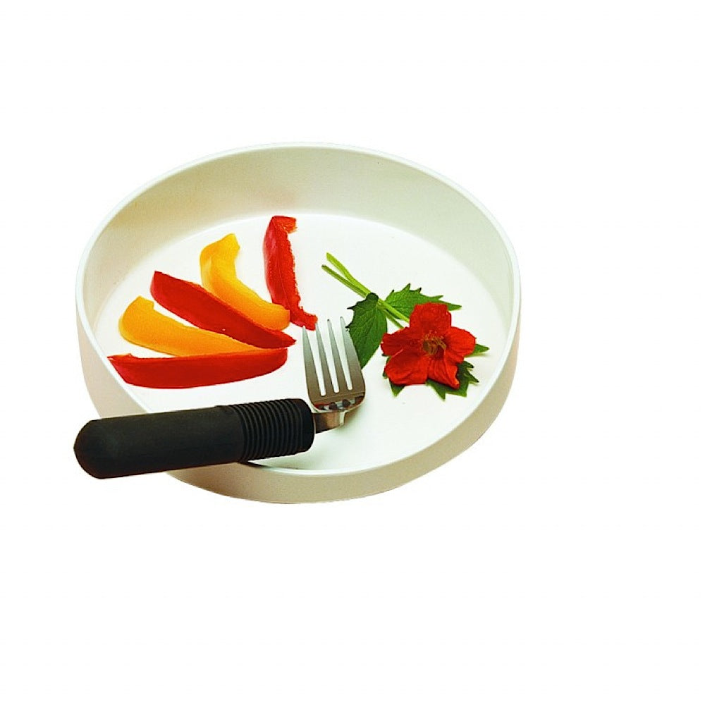 the image shows the GripWare High Sided Dish with a curved fork and some red and yellow peppers