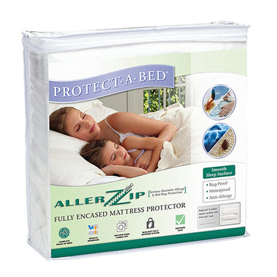 the image shows the protect-a-bed allerzip terry zipped mattress protector