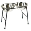 The image shows the Raised Double Feeder Stand for Dogs with two stainless steel bowls