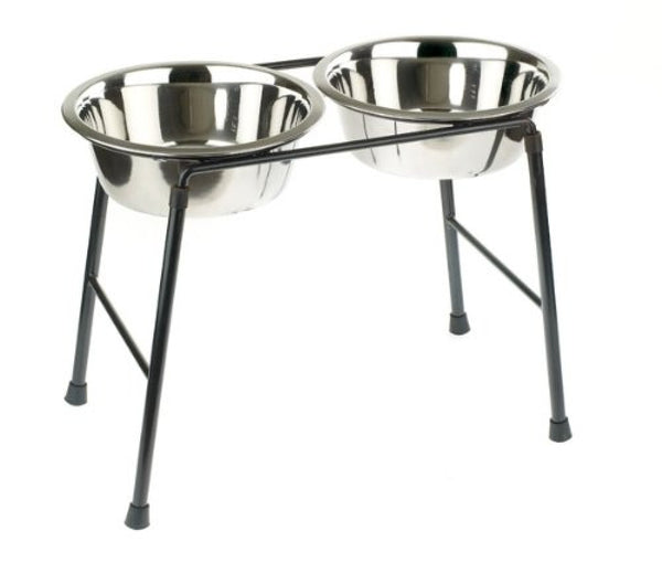 The image shows the Raised Double Feeder Stand for Dogs with two stainless steel bowls