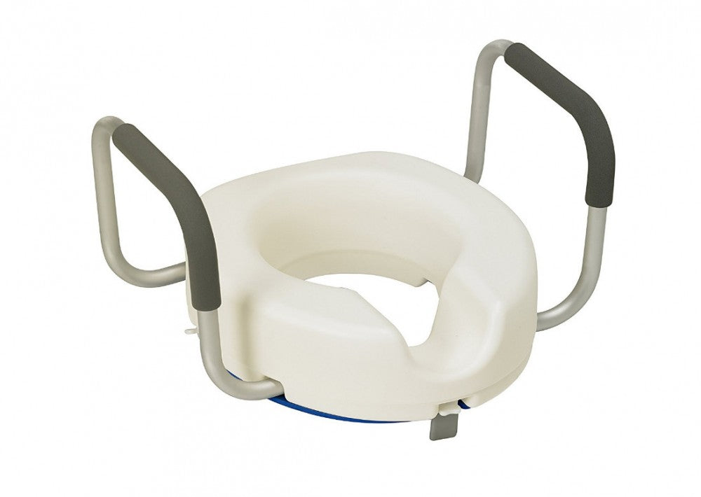 the image shows the raised toilet seat with arms