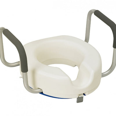 the image shows the raised toilet seat with arms