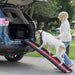 the image shows a dog walking up the henry wag lightweight folding dog ramp, into their car
