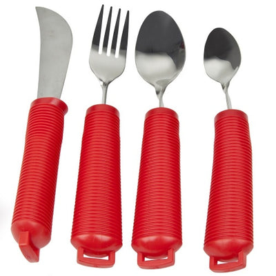 shows the Four Piece Red Bendable Cutlery Set
