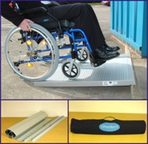 the image shows a man in a wheelchair using the roll up ramp, and the ramp folded up with the black carry bag with handle