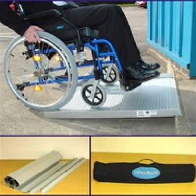the image shows a man in a wheelchair using the roll up ramp, and the ramp folded up with the black carry bag with handle