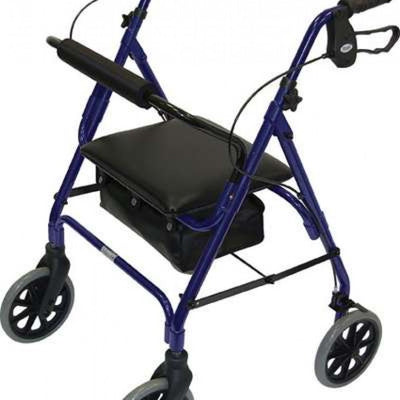 the image shows the four wheeled rollator with a high seat