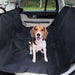 shows a small dog seated in the rear of a car on the Crufts Car Hammock