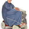A man on a mobility scooter wearing a blue scooter cape