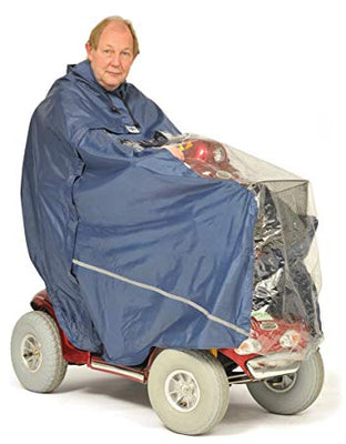 A man on a mobility scooter wearing a blue scooter cape